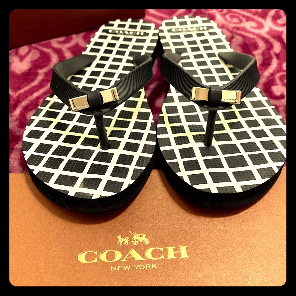 Coach Black & White Flip Flops with Bows